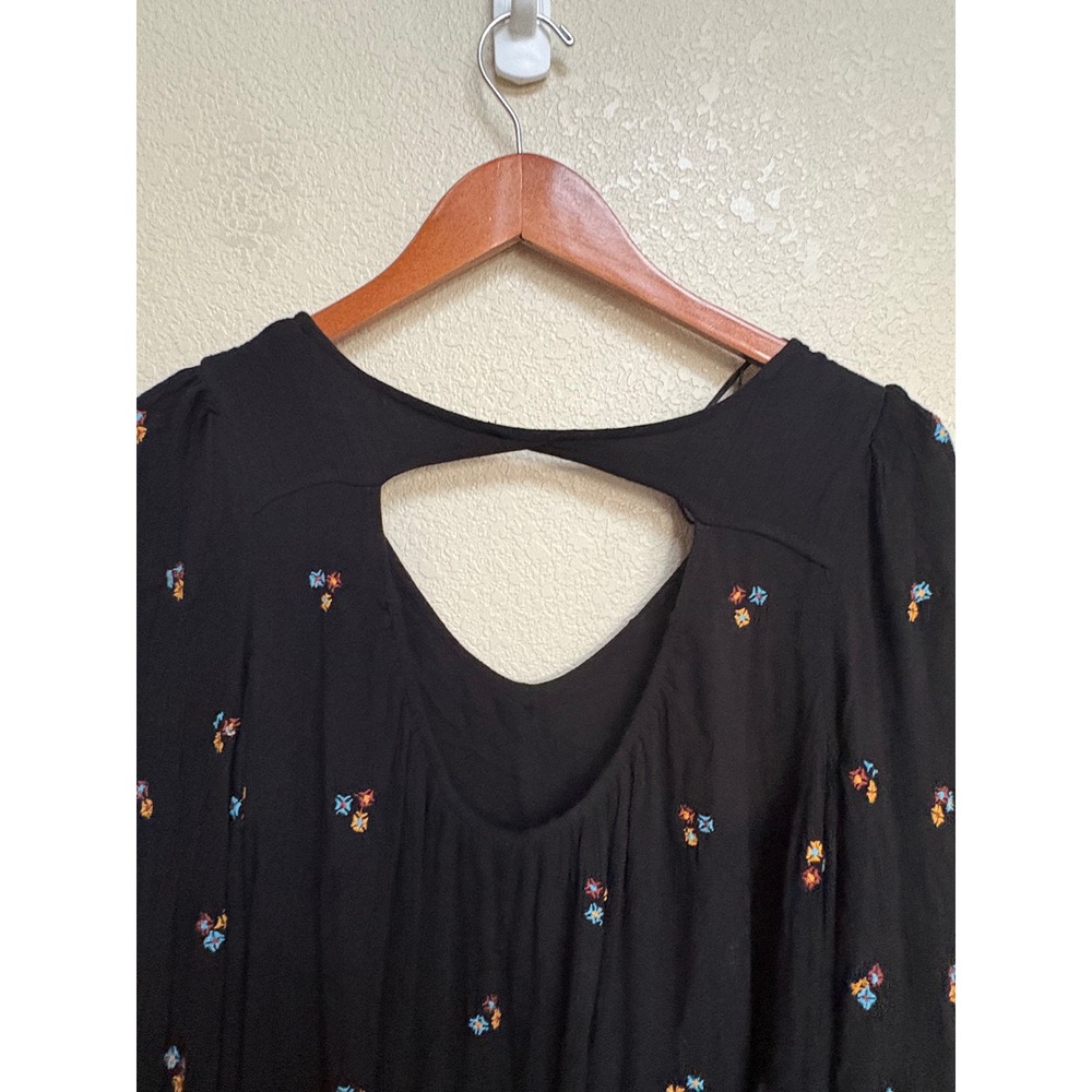 Free People Black Embroidered Mini Dress Womens Medium Long Sleeve Boho V-Neck - Picture 5 of 10